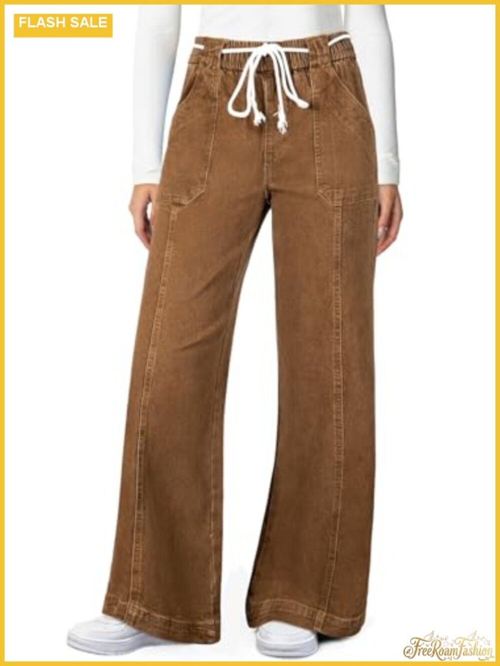 Wide Leg High Waisted Stretchy Straight Leg Jeans Drawstring Pockets
